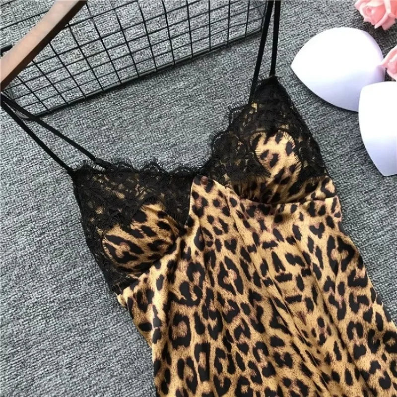 sexy lace splicing leopard print suspenders and leopard print shorts two-piece set
