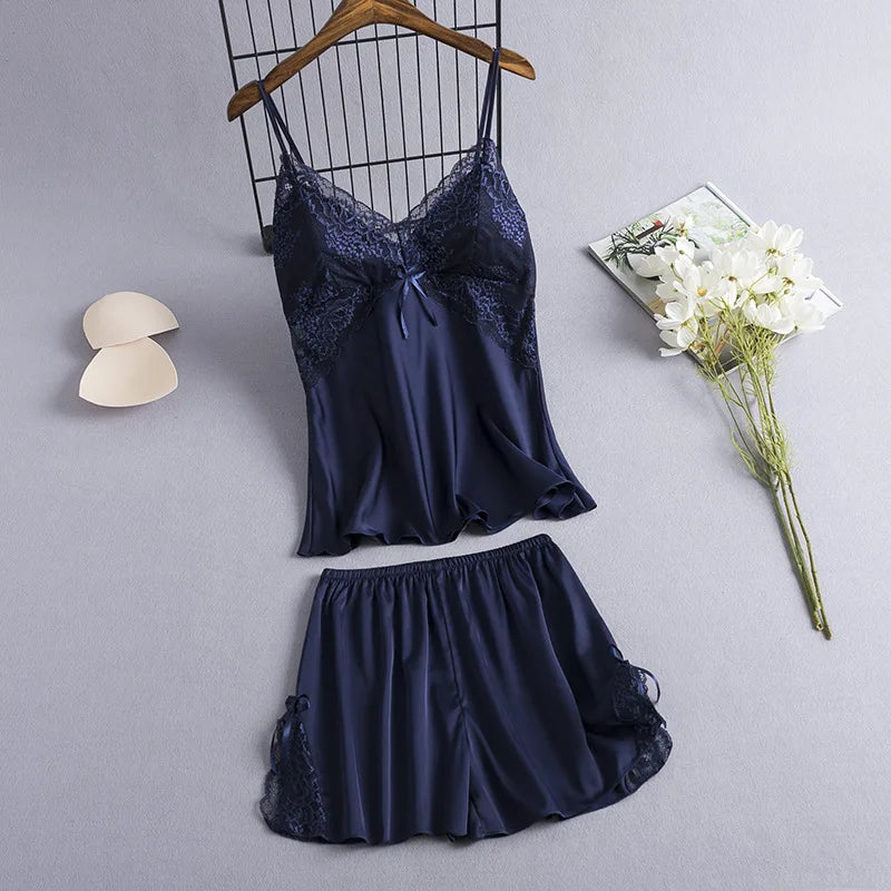 2 Pieces Cami&Shorts Sleep Set Women Pajamas Suit Sexy Lace Home Clothes V-Neck Sleepwear Lounge Wear Summer Nightwear