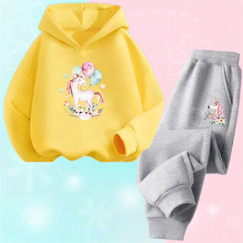 Girls Cartoon Unicorn Pony Hooded Cotton Suit Two-Piece Outfit Hoodie And Pants Set Spring Autumn Sport Clothes for Ages 3-14