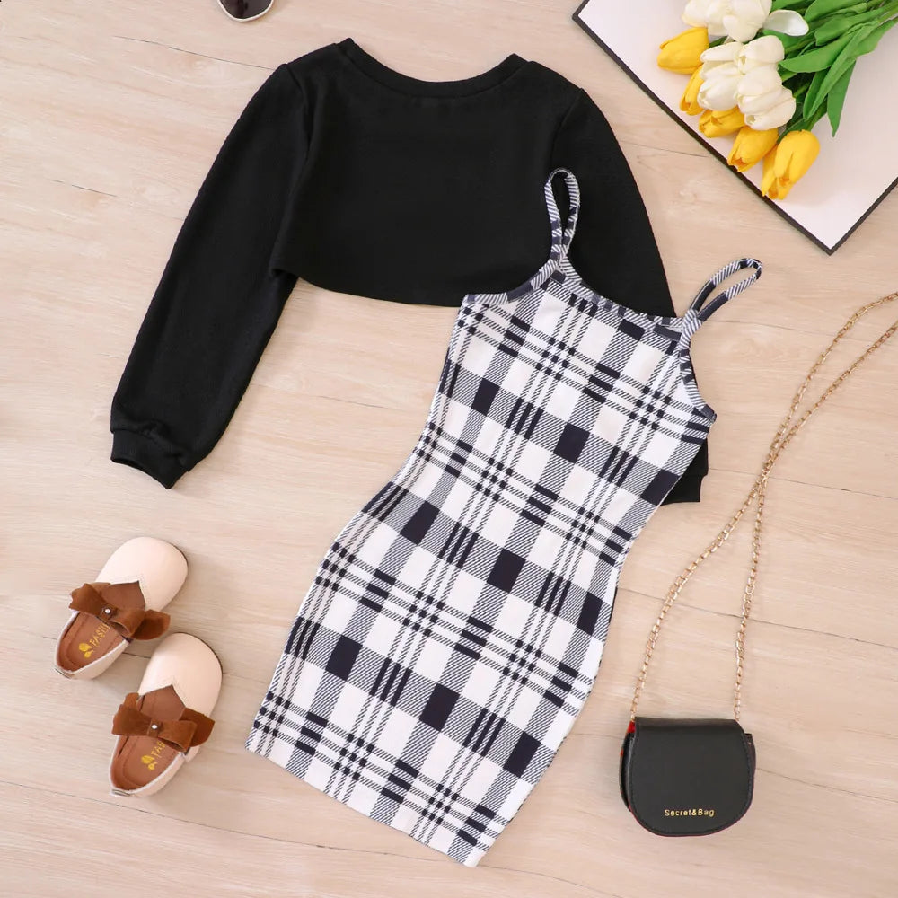 Children Fashion Long Sleeve Short Tops Plaid Cami Bodycon Dress Sets 5-14Y