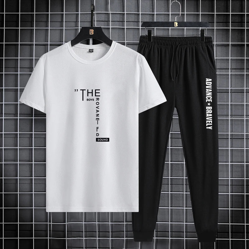 Trendy printed men's sports suit, summer casual T-shirt, leggings, two piece set, thin and breathable, solid color