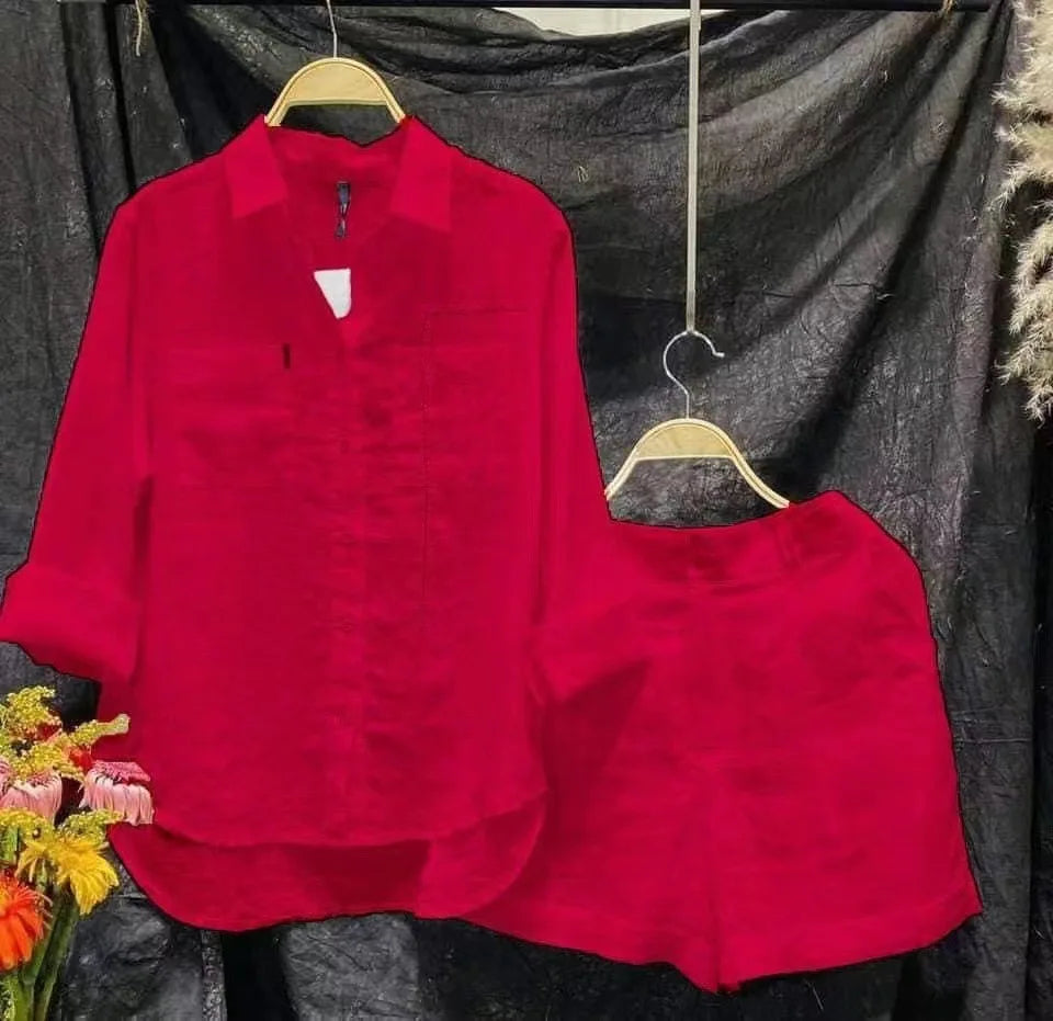 Cotton Linen Casual Shirt Two Piece Set For Women Shorts 2 Piece Sets Outfit Long Sleeve Short Sets