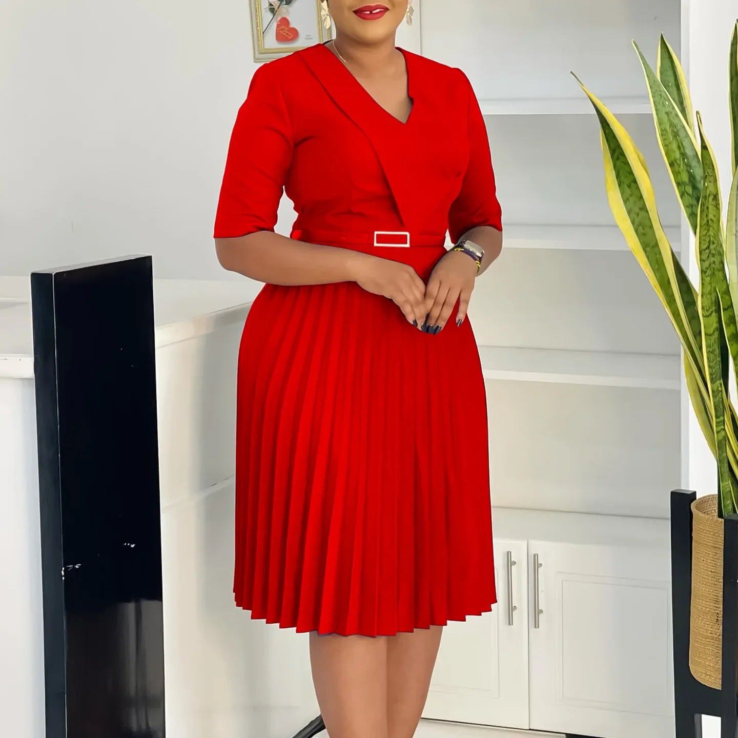 New Fashion V Neck Solid Color Pleated African Maxi Dress