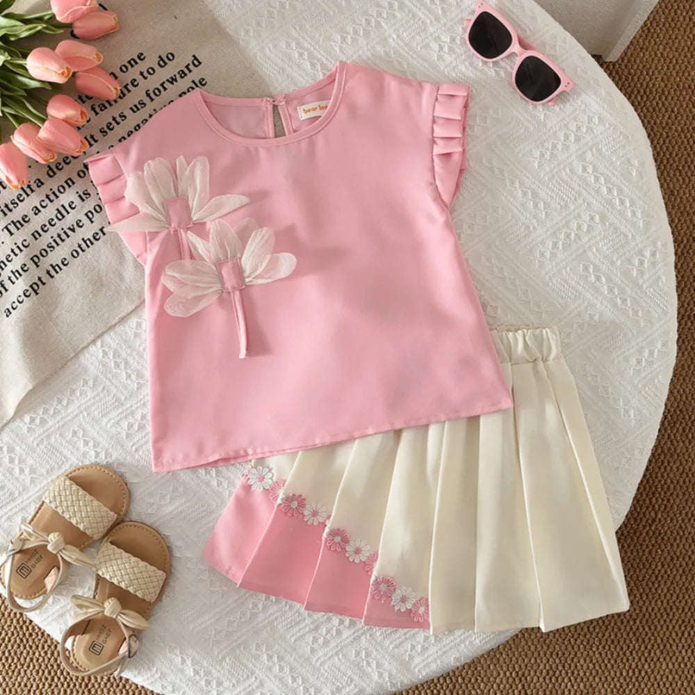 Summer Color Blocked Girls Clothes Flower Decoration Sleeveless