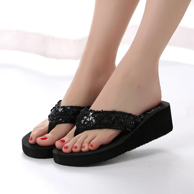 Women Summer Sandals Sequins Beach Female Flip Flops Ladies Slippers High Heels Shoes