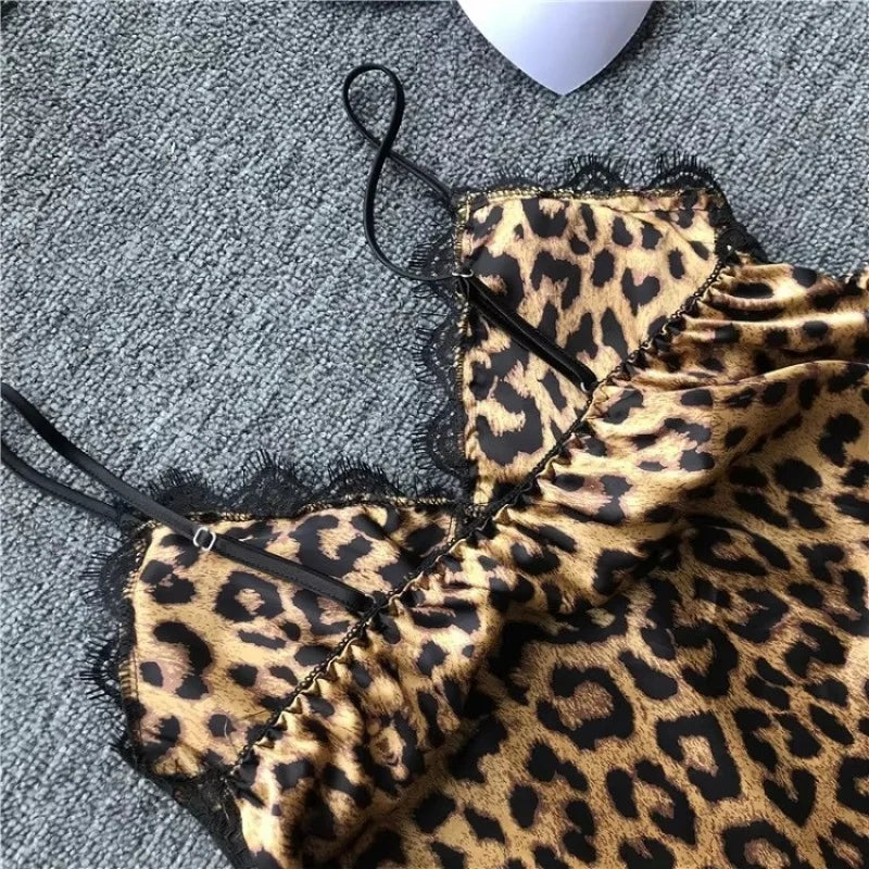 sexy lace splicing leopard print suspenders and leopard print shorts two-piece set