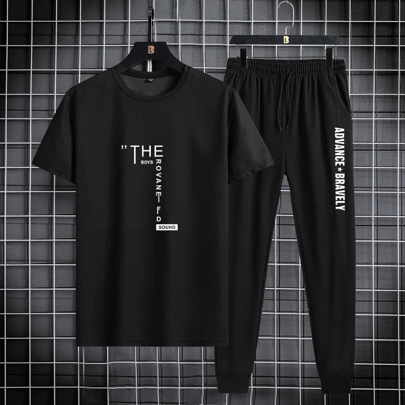 Trendy printed men's sports suit, summer casual T-shirt, leggings, two piece set, thin and breathable, solid color