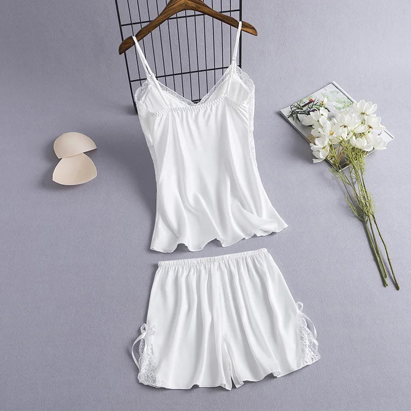 2 Pieces Cami&Shorts Sleep Set Women Pajamas Suit Sexy Lace Home Clothes V-Neck Sleepwear Lounge Wear Summer Nightwear