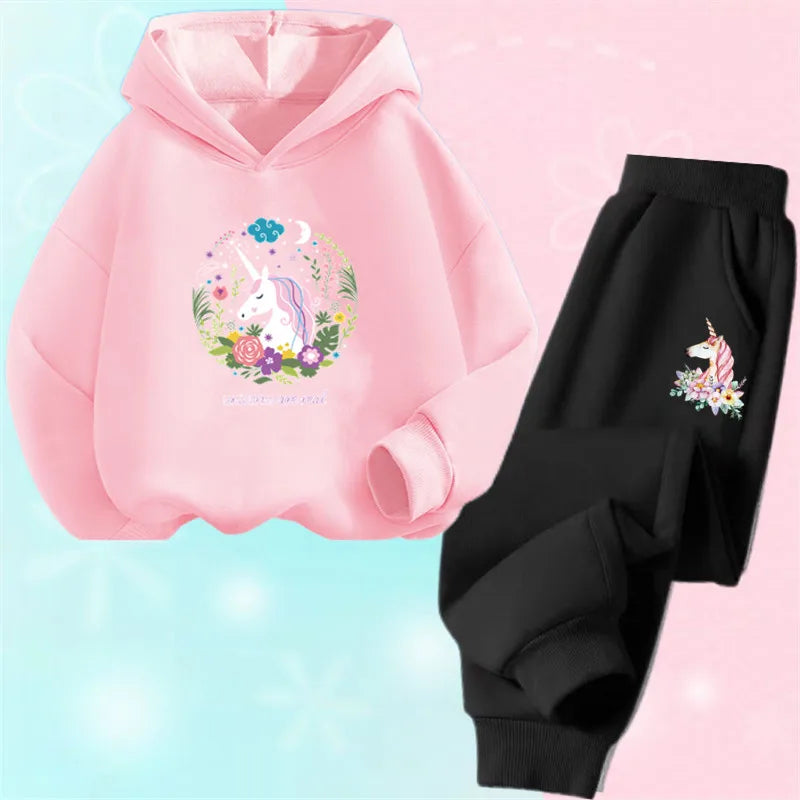 Girls Cartoon Unicorn Pony Hooded Cotton Suit Two-Piece Outfit Hoodie And Pants Set Spring Autumn Sport Clothes for Ages 3-14