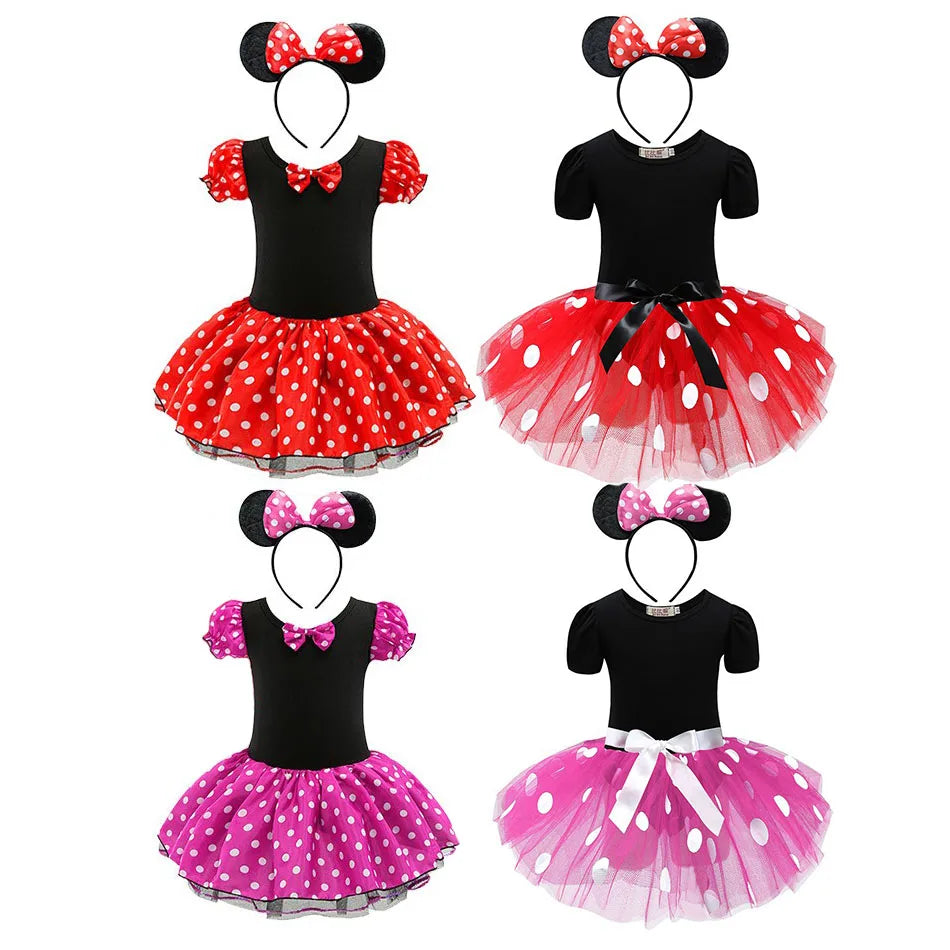 Baby Girls Ballet Tutu Dress Summer Kids Bow Dots Dress Headband Cartoon Mouse