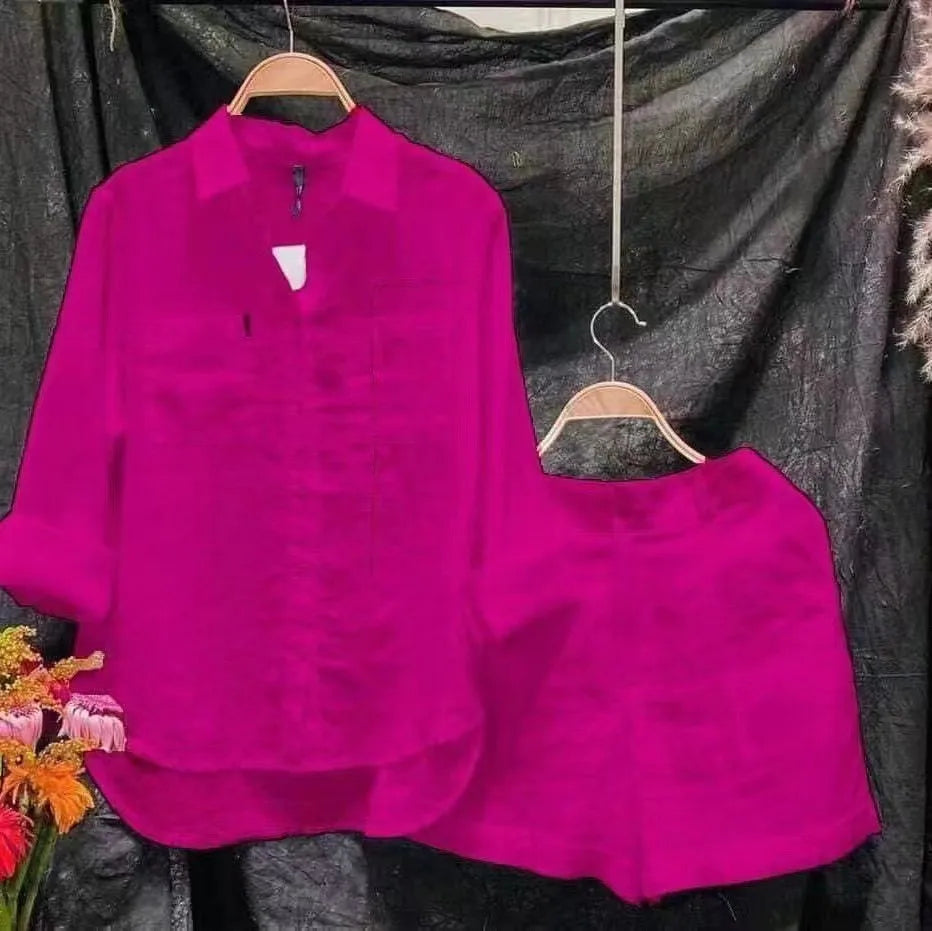 Cotton Linen Casual Shirt Two Piece Set For Women Shorts 2 Piece Sets Outfit Long Sleeve Short Sets
