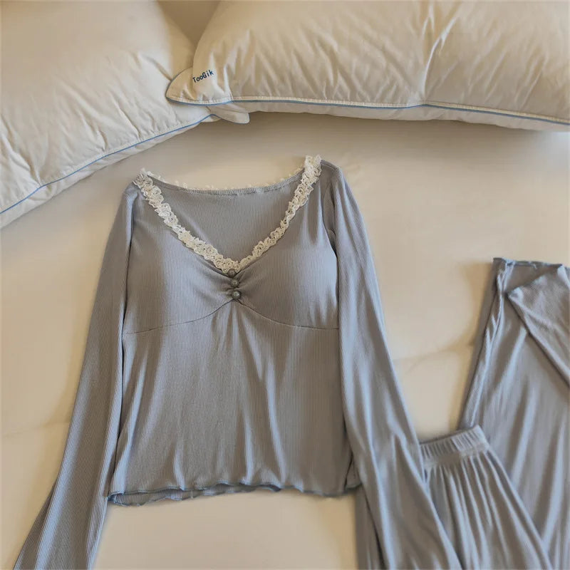 Modal Pajamas For Women Pants Sets Night Wear For Ladies Autumn Long Sleeve With Chest Cup Sleepwear Women's Home Suit