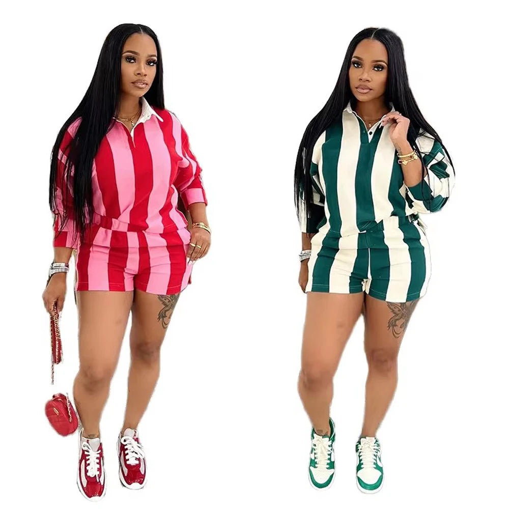 Women's Clothing Fashion Striped Sets Long Sleeve Polo-Neck T Shirt and Shorts