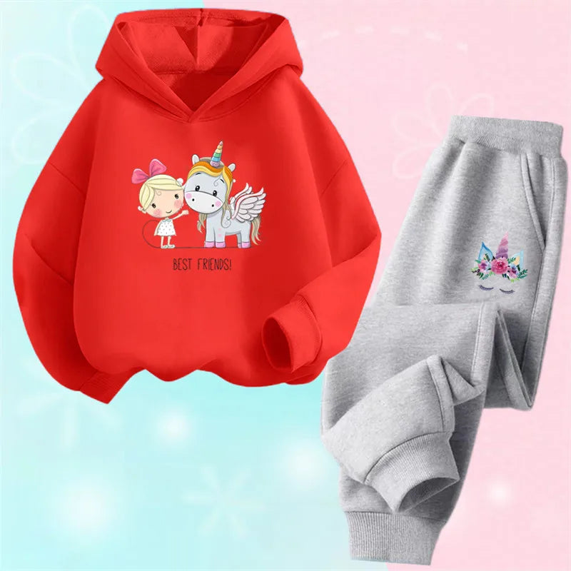 Girls Cartoon Unicorn Pony Hooded Cotton Suit Two-Piece Outfit Hoodie And Pants Set Spring Autumn Sport Clothes for Ages 3-14