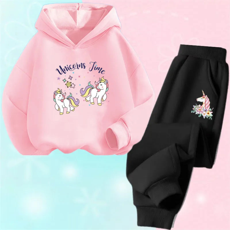 Girls Cartoon Unicorn Pony Hooded Cotton Suit Two-Piece Outfit Hoodie And Pants Set Spring Autumn Sport Clothes for Ages 3-14