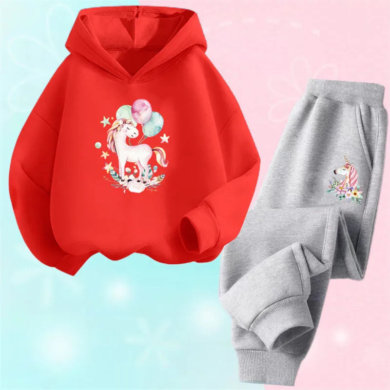 Girls Cartoon Unicorn Pony Hooded Cotton Suit Two-Piece Outfit Hoodie And Pants Set Spring Autumn Sport Clothes for Ages 3-14