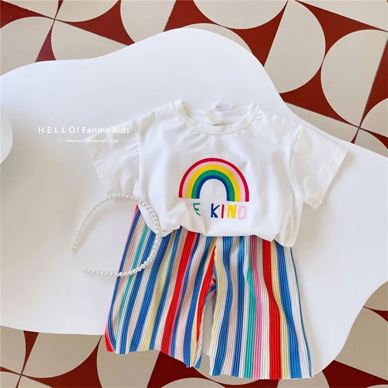 Baby Girls Tops Sets Kids Short-Sleeved Top Striped Trousers 2 Pieces Summer Rainbow