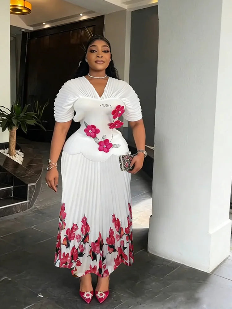 EGRM Pleated Dresses For Women Wedding Party Prom Gown Plus Size Short Sleeve Tops And Skirt 2 Piece Set Clothing