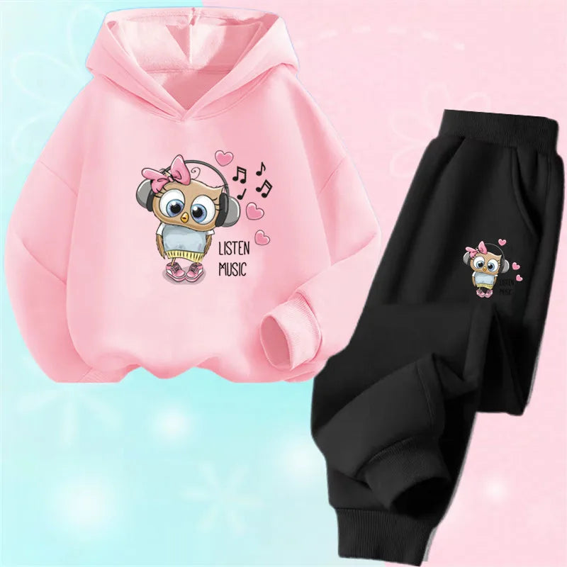 Children's Cute Owl Hoodie And Pants Set Toddler Girls Clothing Spring Autumn Print Sports Tracksuit Age 3-14