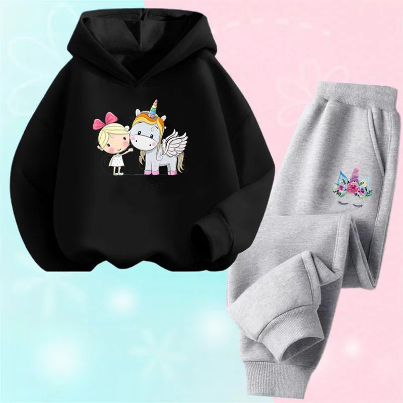 Girls Cartoon Unicorn Pony Hooded Cotton Suit Two-Piece Outfit Hoodie And Pants Set Spring Autumn Sport Clothes for Ages 3-14