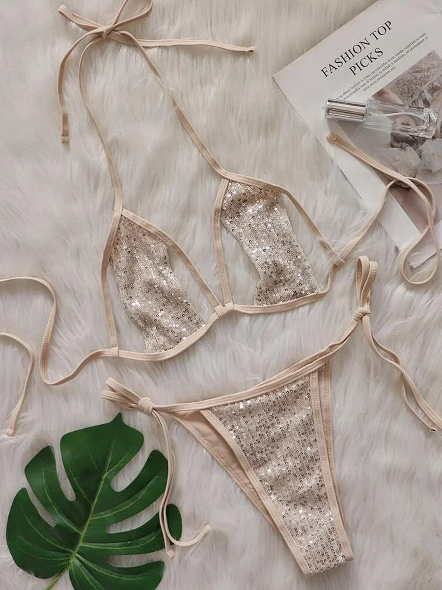 Shiny Sequins Halter Hollow Out Bikini  Female Thong Swimwear