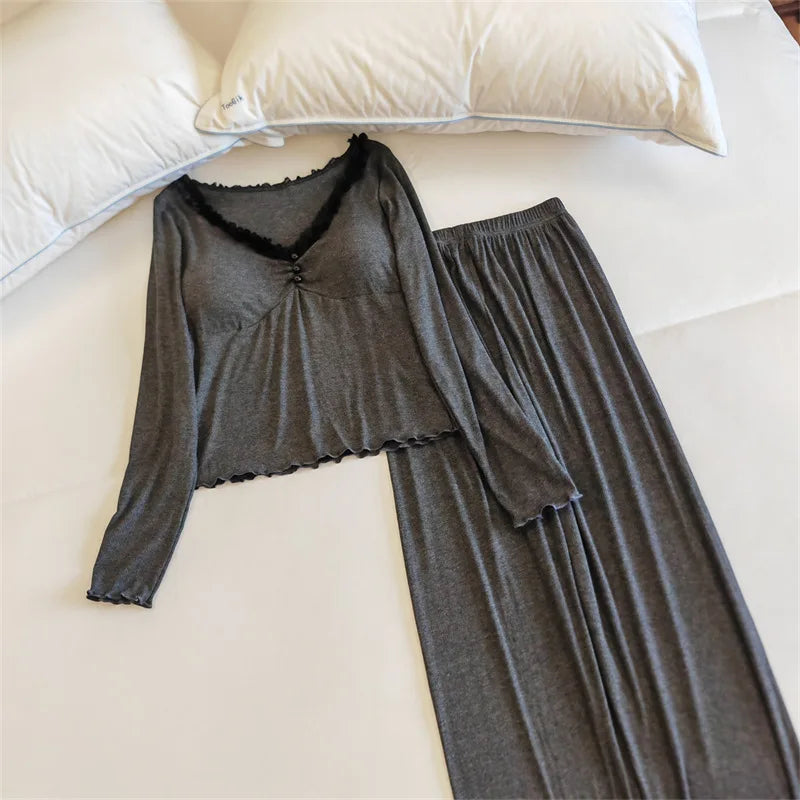 Modal Pajamas For Women Pants Sets Night Wear For Ladies Autumn Long Sleeve With Chest Cup Sleepwear Women's Home Suit