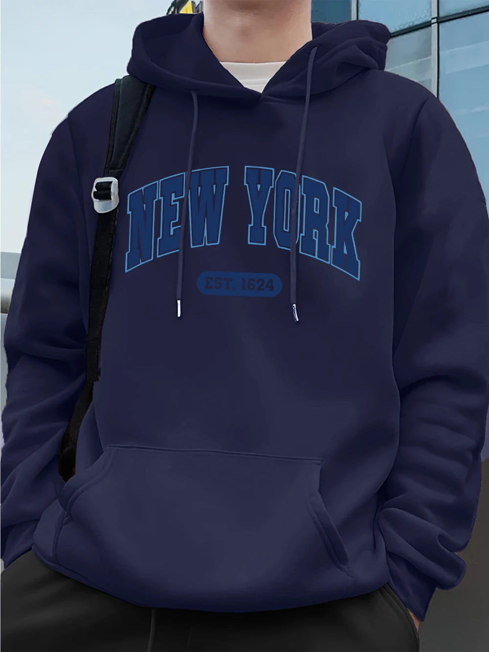 New York Usa Est.1624 Printing Mens Sweatshirts Winter Pocket Hoodies Fashion Fleece Warm Loose Streetwears Casual Men'S Clothes