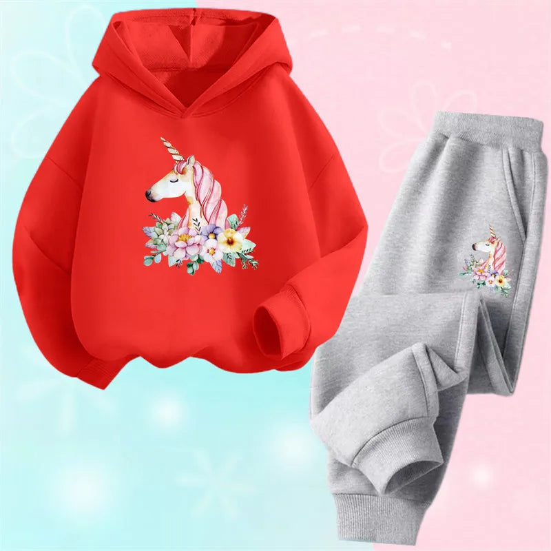 Girls Cartoon Unicorn Pony Hooded Cotton Suit Two-Piece Outfit Hoodie And Pants Set Spring Autumn Sport Clothes for Ages 3-14