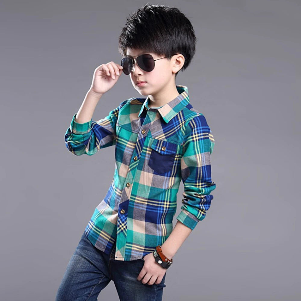 Teenager Boys Shirt Kids Cotton Boys Plaid Shirt
