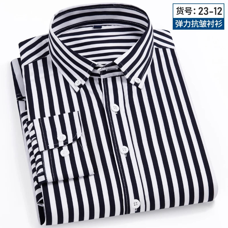 2024 Spring New Stretch Long Sleeve Shirt Men's Striped Korean Slim Shirt Business Casual No-Iron Comfortable Men's Clothing