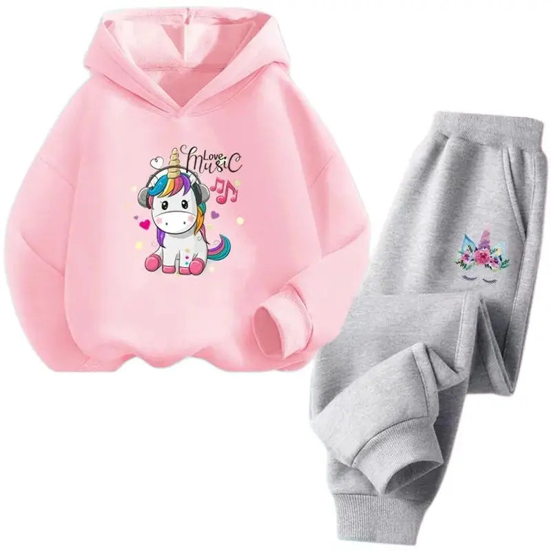 Girls Cartoon Unicorn Pony Hooded Cotton Suit Two-Piece Outfit Hoodie And Pants Set Spring Autumn Sport Clothes for Ages 3-14