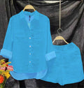 Cotton Linen Casual Shirt Two Piece Set For Women Shorts 2 Piece Sets Outfit Long Sleeve Short Sets