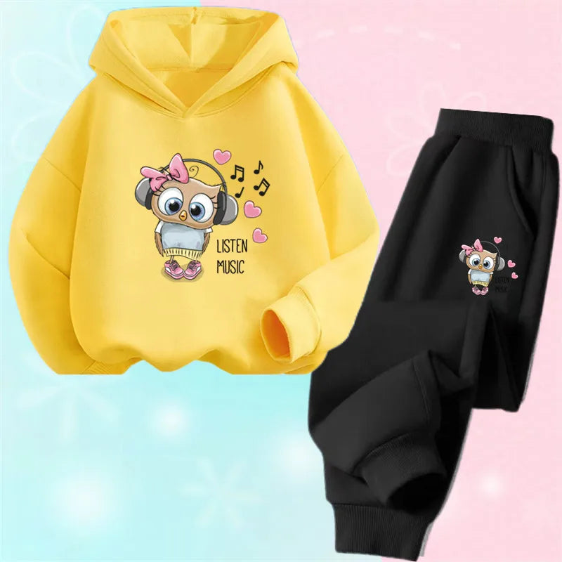 Children's Cute Owl Hoodie And Pants Set Toddler Girls Clothing Spring Autumn Print Sports Tracksuit Age 3-14