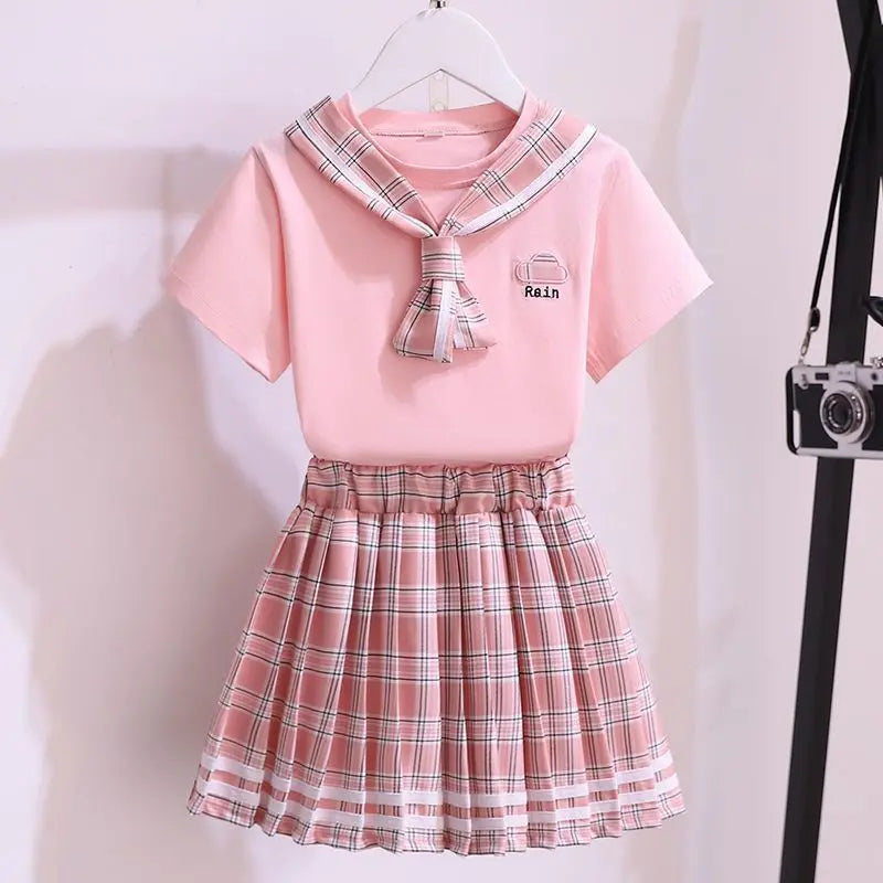 Girls Fashion JK Uniform Set College Style Plaid Pleated Skirt 2PCS Kids