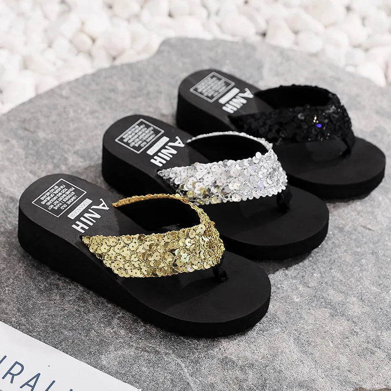 Women Summer Sandals Sequins Beach Female Flip Flops Ladies Slippers High Heels Shoes