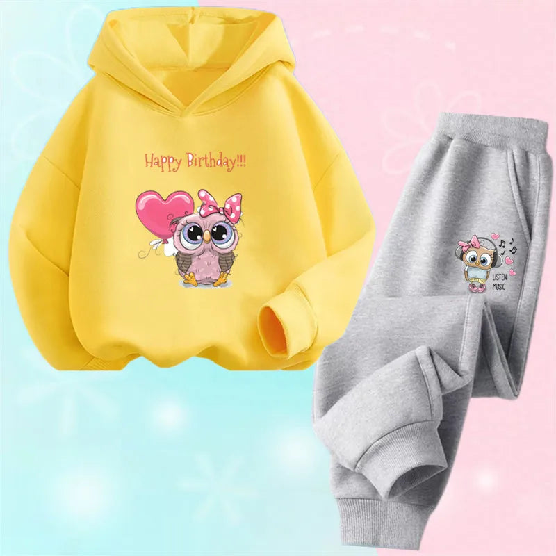 Children's Cute Owl Hoodie And Pants Set Toddler Girls Clothing Spring Autumn Print Sports Tracksuit Age 3-14
