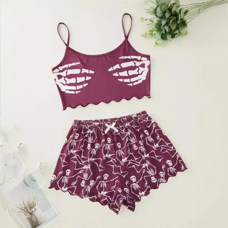 Sexy Alien Print Sling Sleepwear Women's Pajamas Set