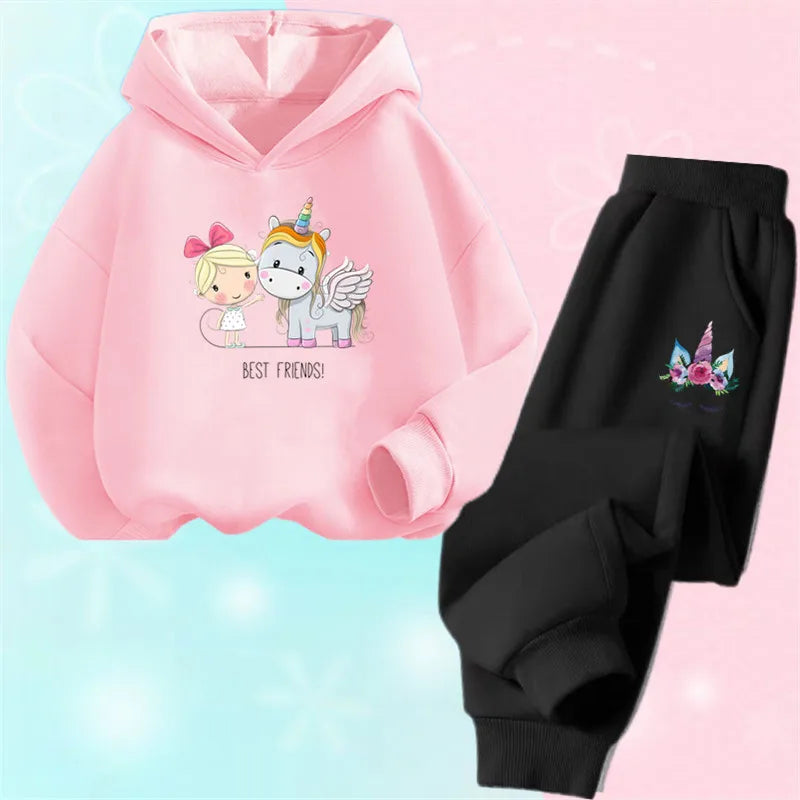 Girls Cartoon Unicorn Pony Hooded Cotton Suit Two-Piece Outfit Hoodie And Pants Set Spring Autumn Sport Clothes for Ages 3-14