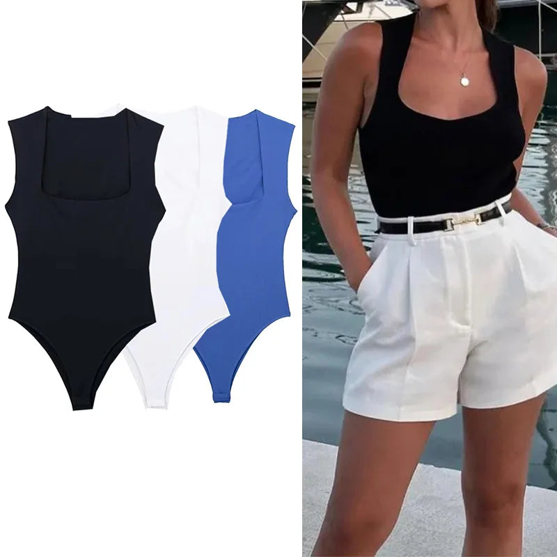 MUJER 2025 Black Woman Body Square Neck Sleeveless Bodysuit