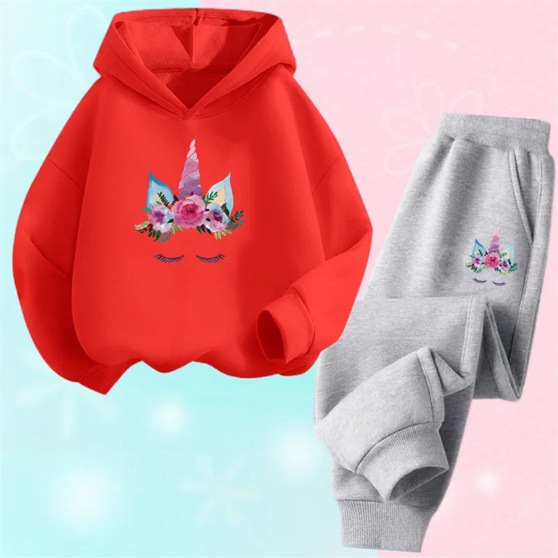 Girls Unicorn Sport Clothing Set Spring Fall Kids Fashion Tracksuit Hoody Sweatershirt Pants Outfit