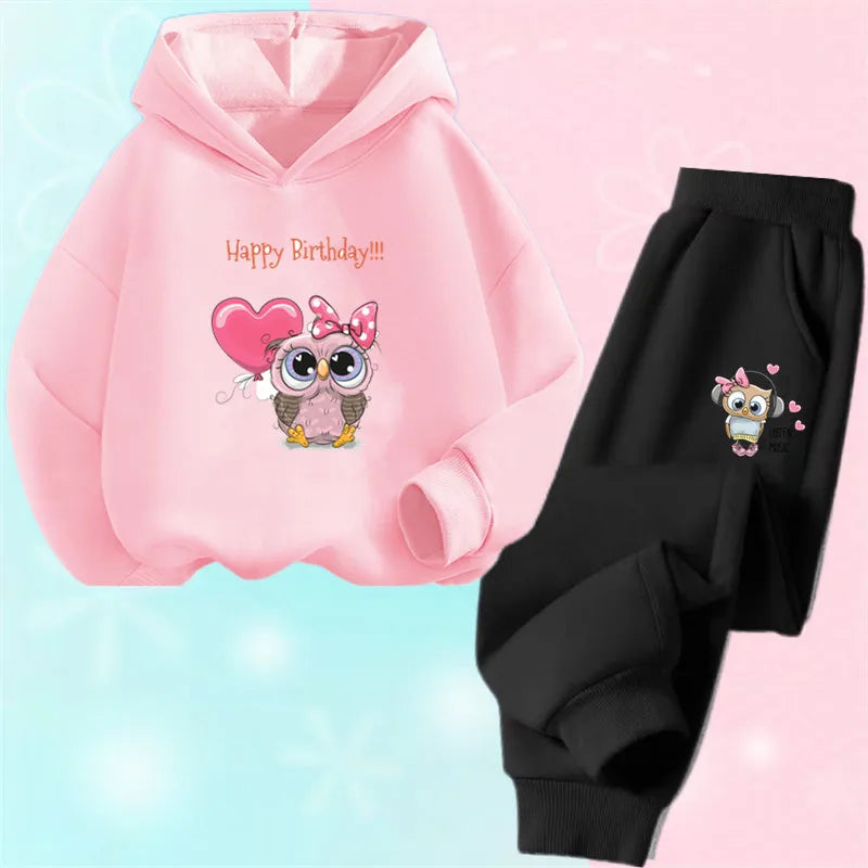 Children's Cute Owl Hoodie And Pants Set Toddler Girls Clothing Spring Autumn Print Sports Tracksuit Age 3-14