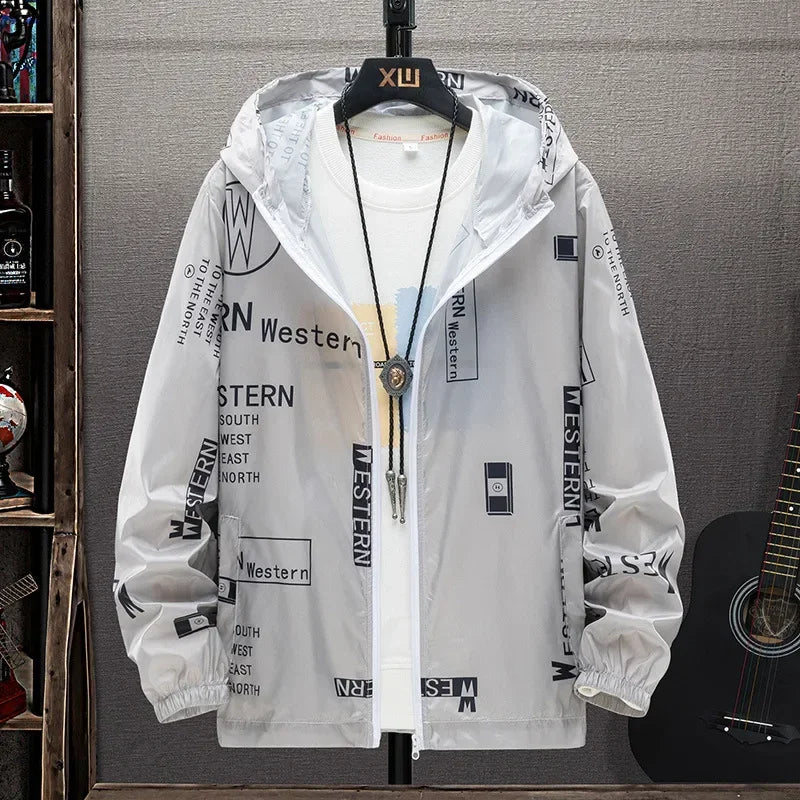 New Men's Lightweight Hooded Jacket Anti-UV Breathable Coats Letter Print