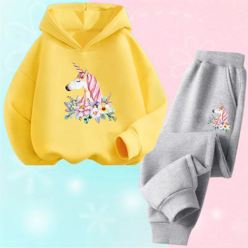 Girls Unicorn Sport Clothing Set Spring Fall Kids Fashion Tracksuit Hoody Sweatershirt Pants Outfit