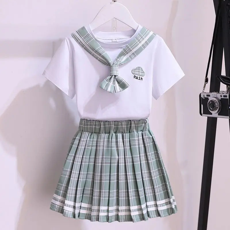 Girls Fashion JK Uniform Set College Style Plaid Pleated Skirt 2PCS Kids