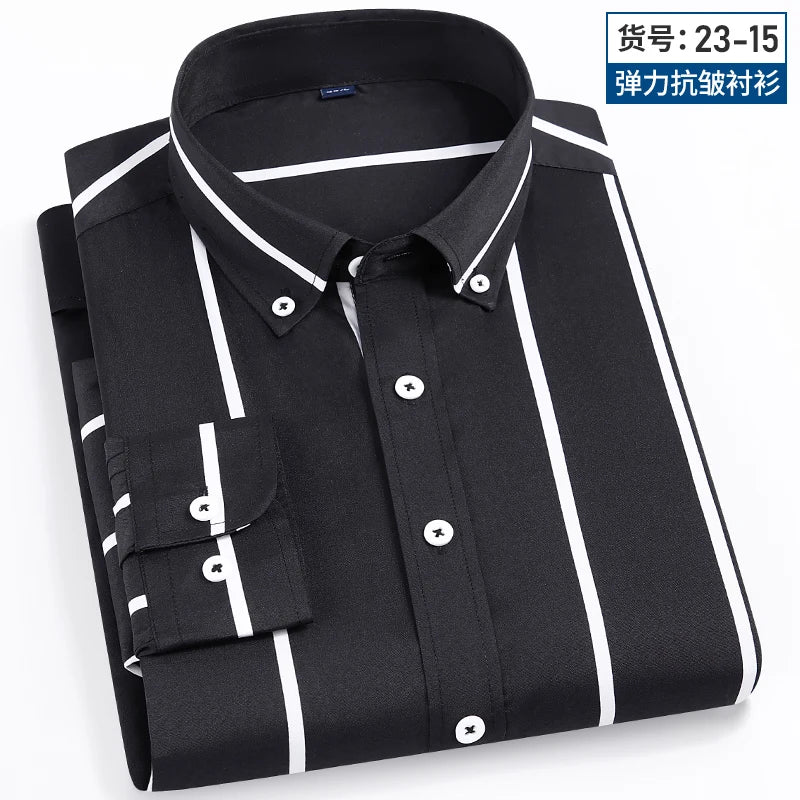 2024 Spring New Stretch Long Sleeve Shirt Men's Striped Korean Slim Shirt Business Casual No-Iron Comfortable Men's Clothing