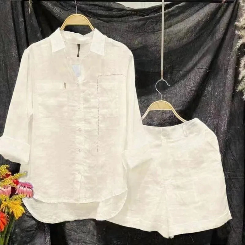 Cotton Linen Casual Shirt Two Piece Set For Women Shorts 2 Piece Sets Outfit Long Sleeve Short Sets
