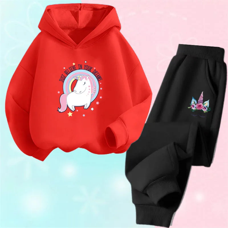 Girls Unicorn Sport Clothing Set Spring Fall Kids Fashion Tracksuit Hoody Sweatershirt Pants Outfit
