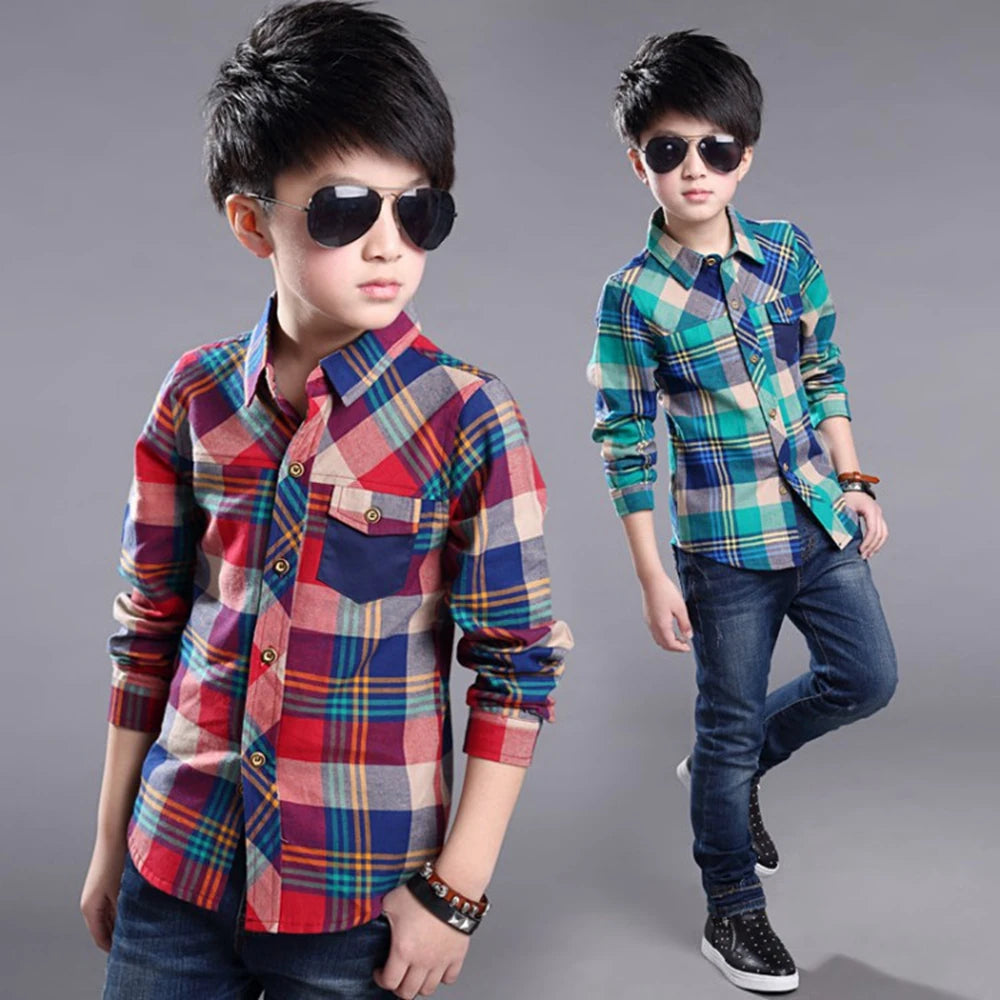 Teenager Boys Shirt Kids Cotton Boys Plaid Shirt