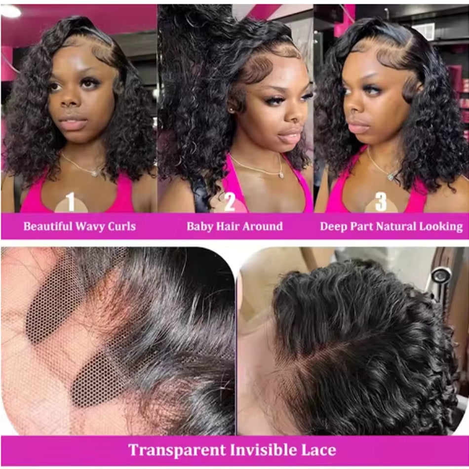 Water Wave Bob Wigs Human Hair Glueless Wig Lace Front 16Inch Malaysian Wear and Go Short Bob for Woman Wet and Wavy Cheap Wigs