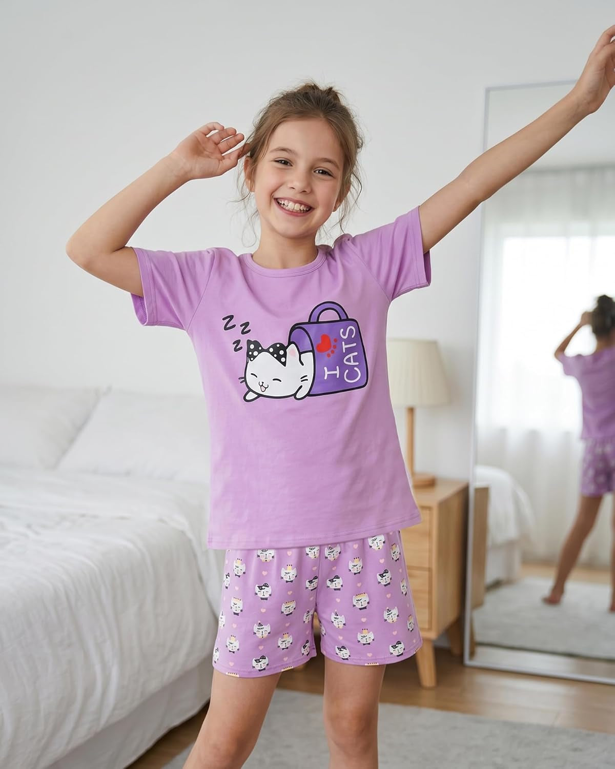 Young Girls Pajama Cute Cat Pattern Nighty Comfy Shorts Cotton Sleepwear